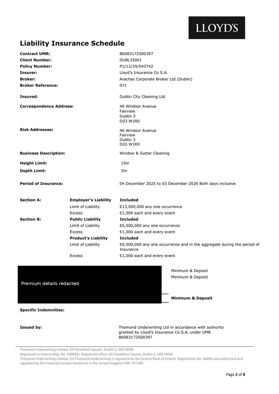 Dublin City Cleaning Ltd - Lloyd's Liability Insurance Schedule (premium details redacted)